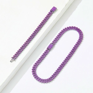 Silver Cuban link necklace and bracelet set with sparkling purple stones