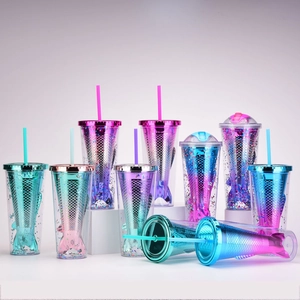 Mermaid Tail Tumbler Double Wall Plastic Gradient Color With Straw And Lid Novelty Sequin Glitter Drinkware Cup
