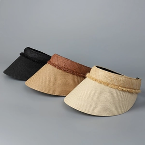Three colors of straw sun visors with fringe details for summer outdoor beach fashion