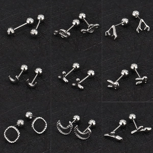 Set of 9 silver stainless steel cartilage earrings with screw ball backs in various shapes
