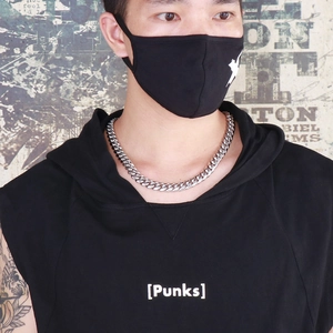 Men's silver stainless steel Cuban link chain necklace worn on neck in hiphop street style