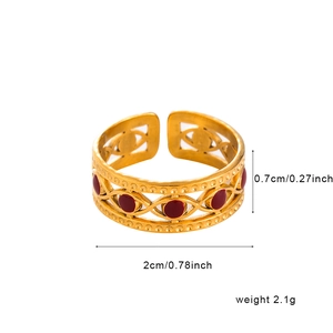 Detailed size view of a gold-plated stainless steel open ring with red enamel and eye cutout