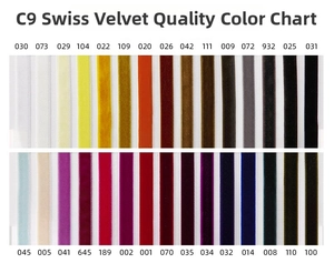 Quality color chart of 9mm Swiss velvet ribbons showing 30 distinct color shades