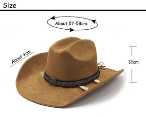 Brown faux suede cowboy hat showing 57-58cm circumference and 9cm wide brim size detail