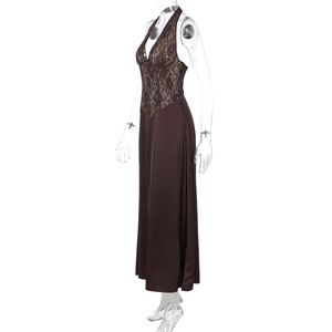 Close-up of the delicate floral lace and silky satin texture of this dark brown dress