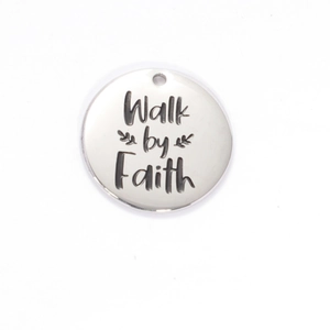 Polished silver stainless steel pendant with Walk by Faith engraving and branch motifs