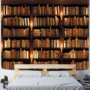 Detailed retro bookshelf tapestry featuring classical library motif and wall lamp decor