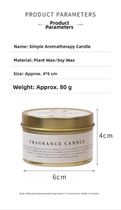 Detail view of soy wax scented candle in a tin with 4x6cm dimensions and 80g weight