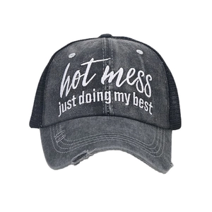 Distressed vintage trucker hat with mesh back and 'hot mess' embroidery on gray fabric