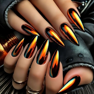 Long stiletto press-on nails with multi-color gradient mirror finish and chrome effect