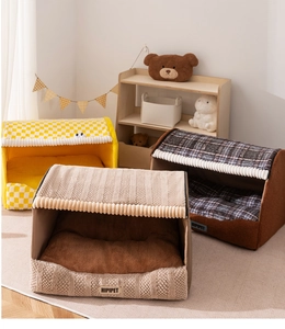 Cozy enclosed pet house in yellow checkerboard, brown plaid and beige corduroy textures