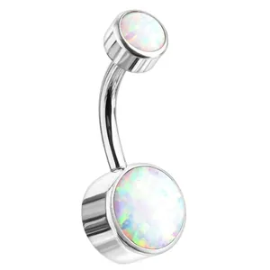 Detailed macro view of G23 titanium belly ring with double prong-set opal stones