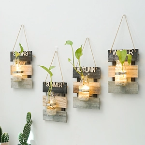 Florero Hidropónico Colgante Rústico Maceta Madera Vidrio Con Luces LED Temática Estacional Decoración Hogar