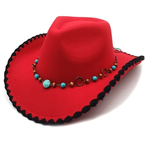 Red wool felt western cowboy hat with ethnic beaded band and black braided edge trim