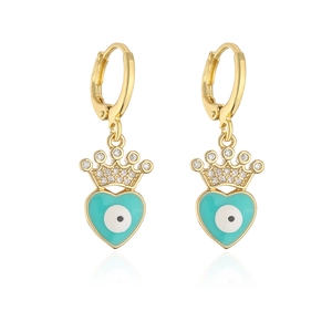 French style gold-plated heart earrings with crown, evil eye enamel and zircon stones