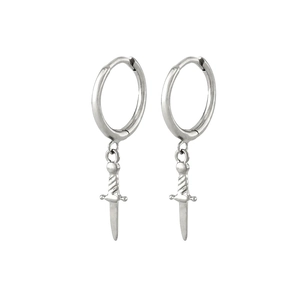 Detailed macro shot of S925 sterling silver hoop earrings with dagger sword pendants