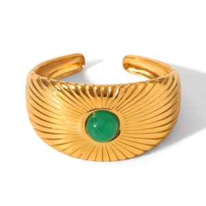 Vintage gold plated stainless steel open ring featuring a green stone and sunburst texture