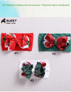 Detailed view of triple-layered bow headbands with polka dots in festive red and green