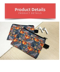 Detail showing two mini cat-themed pouches with sloth and floral patterns and zippers