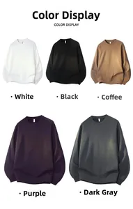 Color display of five crewneck sweatshirts in white black coffee purple and grey