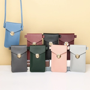 Crossbody phone wallet collection with touch screen window and gold buckle in eight colors