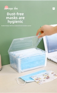 Close-up of a transparent large capacity mask storage box with sealed dustproof lid