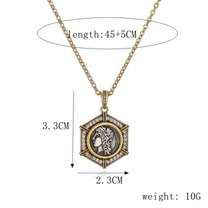 Detailed view of vintage coin pendant with dimensions 3.3x2.3cm and 45+5cm chain length