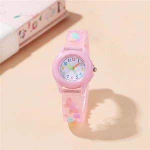 Kids Quartz Watch Butterfly Flower Embossed Silicone Strap Cartoon Student Analog Wristwatch Colorful Arabic Numerals
