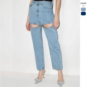 Jean En Denim À Jambe Droite Taille Haute Avec Découpe En Strass Et Couture Dos En Forme De Coeur Mode Pour Femmes