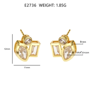 Detailed size and material specs for geometric brass 18K gold earrings with AAA zircon