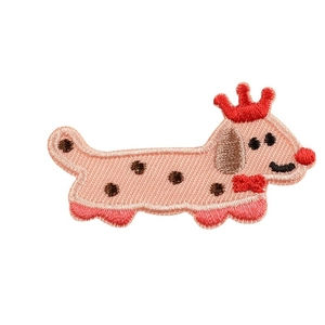 Cartoon pink dachshund dog embroidery patch with red crown and heart details