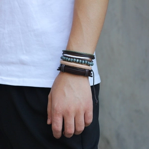 Men's multilayered leather and beaded bracelet set with braided ropes and natural stones