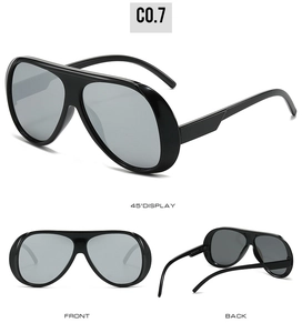 Multiple views of oversized retro pilot sunglasses in black glossy frame and grey lenses