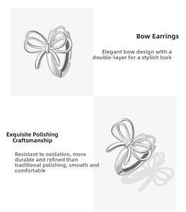 Macro detail of S925 sterling silver bow earrings with polished hollow double layer design