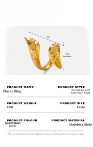 Detail showing gold-plated stainless steel flower ring dimensions and adjustable open design