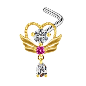 Golden heart navel ring with wings and pink waterdrop gems on white background