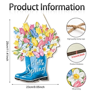 Detailed size guide and thickness of Hello Spring boots wooden flower hanging door sign