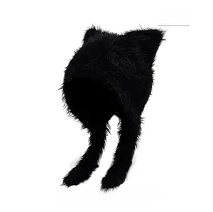 Detailed close-up of the plush faux fur texture and cat ear design on the black winter hat