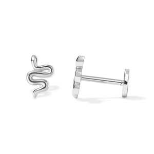 Detailed close-up of a silver snake-shaped 16G flat back cartilage stud earring