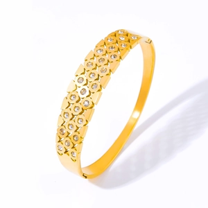Luxe 18k gold plated stainless steel hollow geometric bangle with sparkling zircon stones