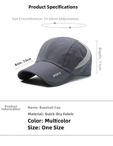 Detail of grey mesh cap with dimension labels showing adjustable 55-60cm circumference