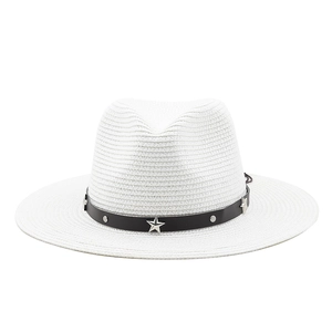 White woven western cowboy sun hat with black leather band and silver star rivets