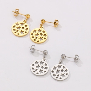 Minimalist stainless steel earrings featuring hollow star circular pendant in gold and silver