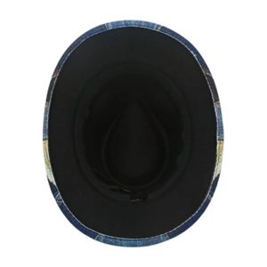 Detailed interior view of kid's denim jazz hat featuring black lining and colorful brim prints