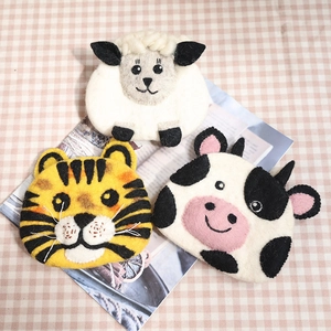 Handmade wool felt coin purses featuring cute sheep, tiger, and cow animal designs