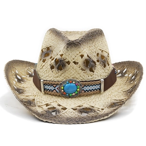 Chapeau de cowboy en paille tressée avec perle turquoise et bande en cuir ethnique