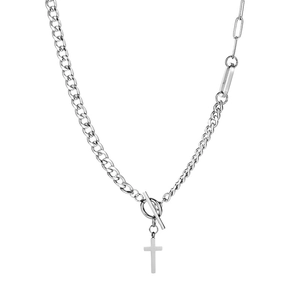 Titanium steel cross necklace with a unique Cuban and paperclip chain mixed design