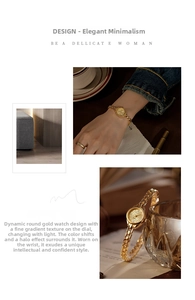 Macro view of gold quartz watch with mini round dial and matching metal bracelet on wrist