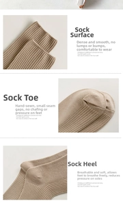 Detail of ribbed cuff, hand-sewn toe and reinforced heel on khaki knit cotton socks