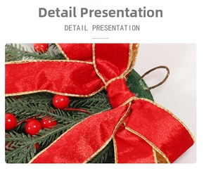 Detail of red bow with gold edges, green pine needles, and glossy red berries on a hook